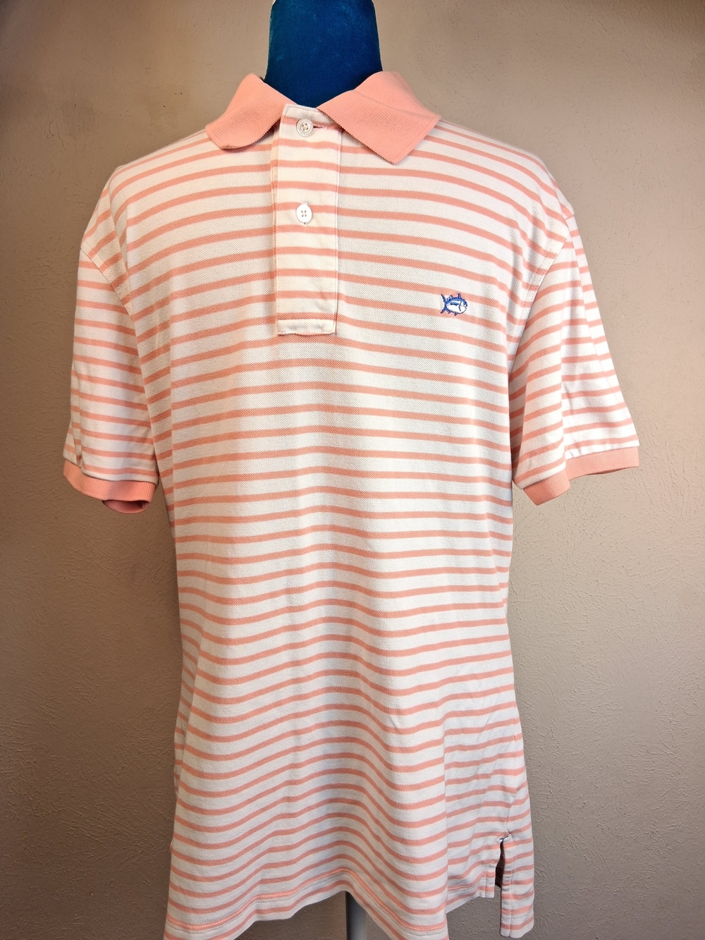 Southern Tide Pink and White Striped Men's  Polo with Fish Logo